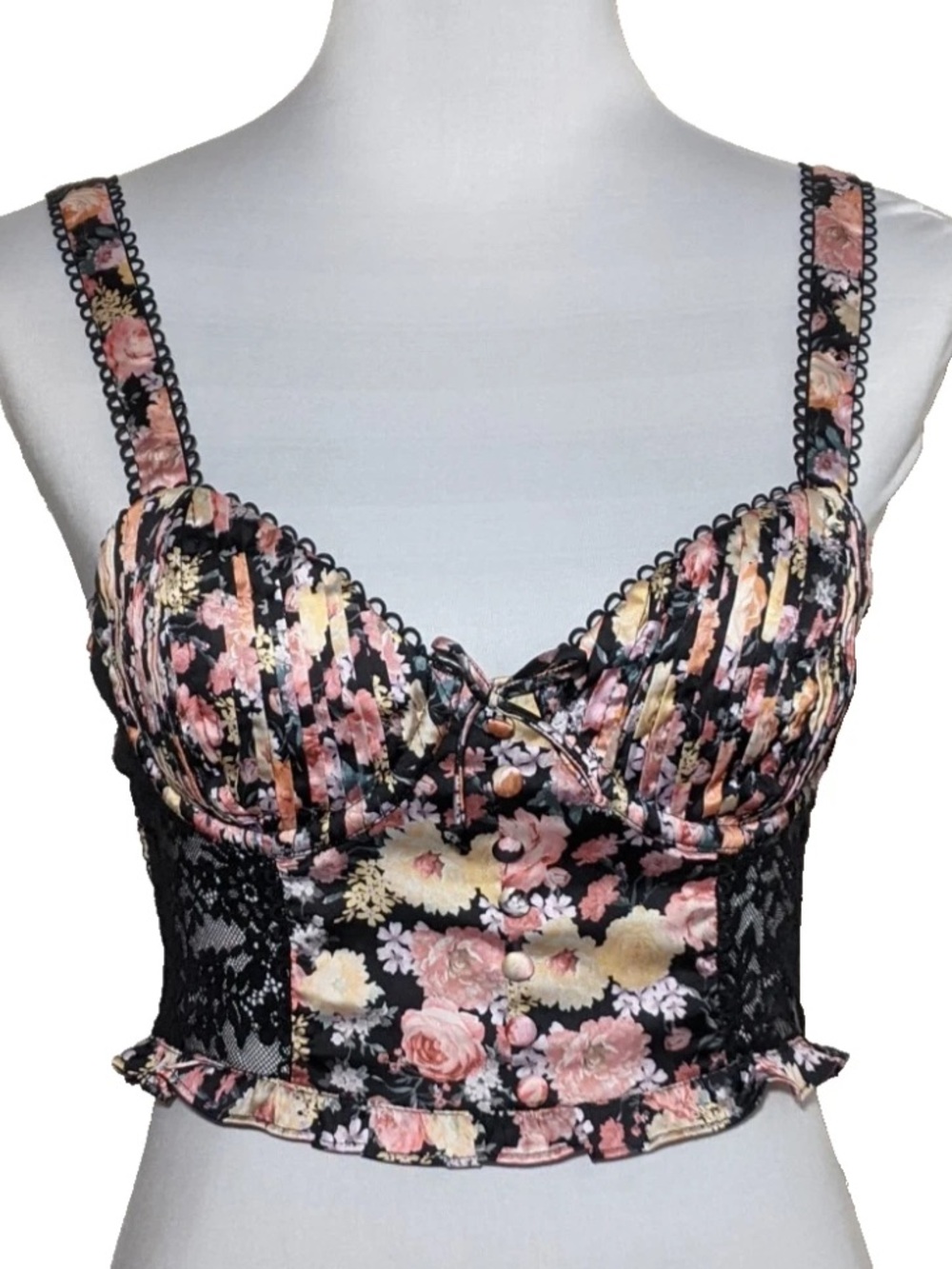 For Love & Lemons Floral Lace Bustier Crop Top Black Pink Floral Festival